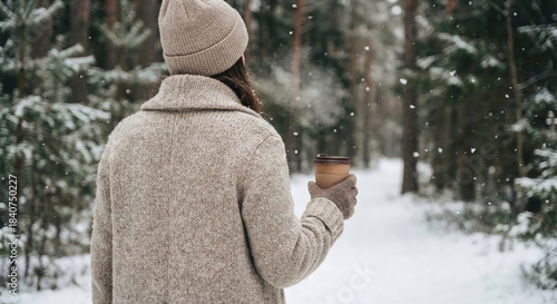 Young woman walking through a snowy winter forest with a cup of hot coffee.