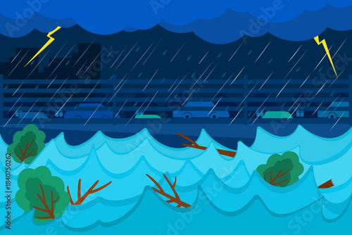 Severe flood vector with high waves, heavy rain, lightning, and floating debris near a roadside barrier in a city area