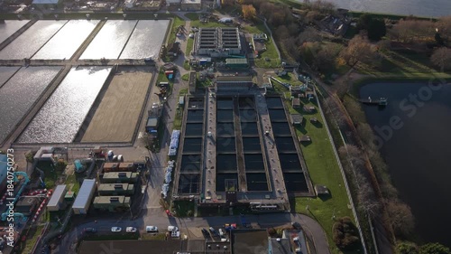 Aerial View of Large Industrial Water Treatment Plant on Sunny Day