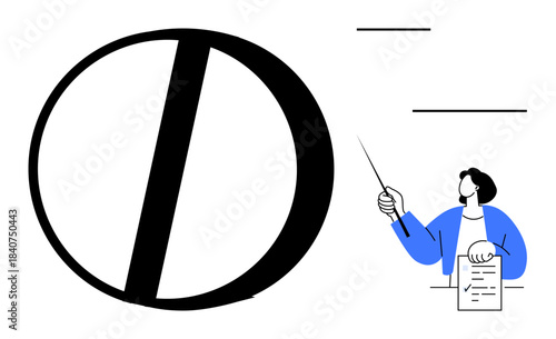 Large letter O symbolizes knowledge while a teacher gestures with a pointer and document. Ideal for education, presentation, teaching, typography, communication, design, simple flat metaphor