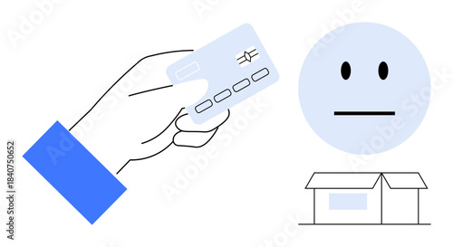 E-commerce, digital transactions, online shopping, payment gateways, user feedback, delivery service. A hand holding a card, a neutral face and a box. E-commerce and digital transactions concept