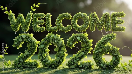 Lush green leaf and vine formation creating Welcome 2026 text with sunlight glow dew drops and natural eco organic design for peaceful happy new year theme