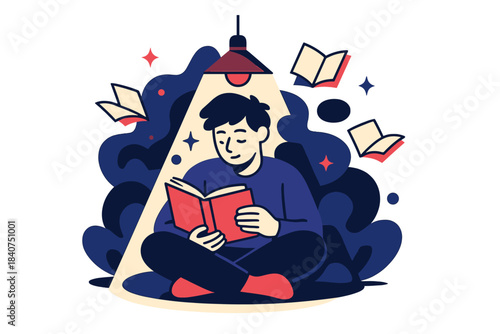 Midnight Storytime Magic. Midnight Reading. A person sitting cross-legged under a glowing lamp, pages floating