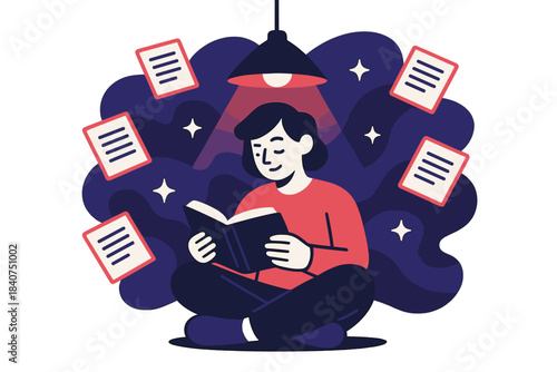 Midnight Storytime Magic. Midnight Reading. A person sitting cross-legged under a glowing lamp, pages floating