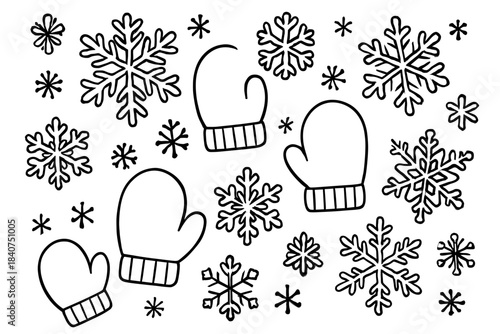 Snowflakes and Mittens. Snowflakes and mittens children?s coloring book illustration, outlined drawing,
