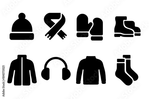 Winter Clothing Icons. Winter clothing. Filled icon set of winter clothing: beanie hat, scarf, mittens, boots,