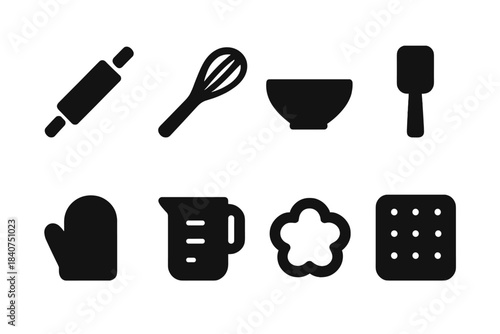 Baking Tools Icons. Baking tools. Filled icon set of baking tools: rolling pin, whisk, mixing bowl, spatula,