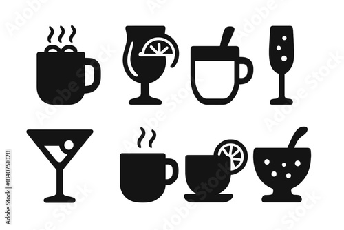 Festive Drink Icons. Festive drinks. Filled icon set of festive drinks: hot chocolate mug, mulled wine glass,