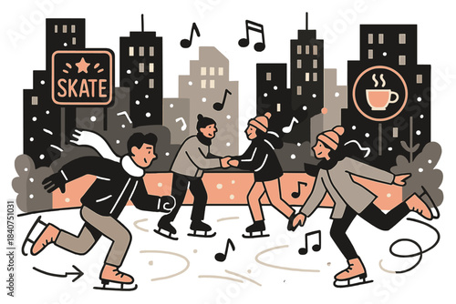 Urban Winter Skaters. City rink. People skate among tall buildings as snow gently falls. Neon signs and coffee