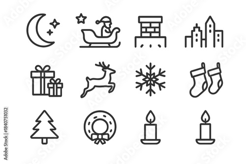 Christmas Eve Icons. Christmas Eve. Line outline icon set of Christmas Eve: moon, stars, Santa sleigh, chimney