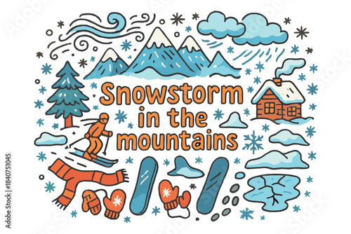 Snowy Mountain Adventure. Snowstorm in the mountains. Hand-drawn doodle illustration of snowstorm in the