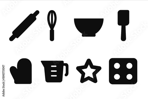 Baking Tools Icons. Baking tools. Filled icon set of baking tools: rolling pin, whisk, mixing bowl, spatula,