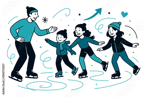 Dynamic Skating Lessons. Skating lessons. Instructor guiding a group of beginners, showing balance and posture