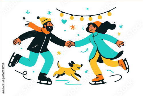 Winter Skating Bliss. Winter joy. Couple skating hand in hand under string lights. A dog runs along the ice,