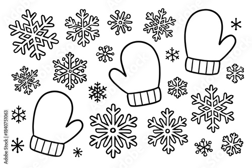 Snowflakes and Mittens. Snowflakes and mittens children?s coloring book illustration, outlined drawing,
