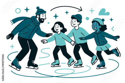 Dynamic Skating Lessons. Skating lessons. Instructor guiding a group of beginners, showing balance and posture