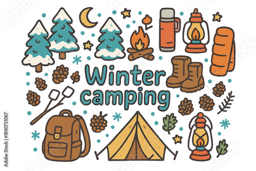 Winter Camping Doodles. Winter camping. Hand-drawn doodle illustration of winter camping. Tent, campfire,