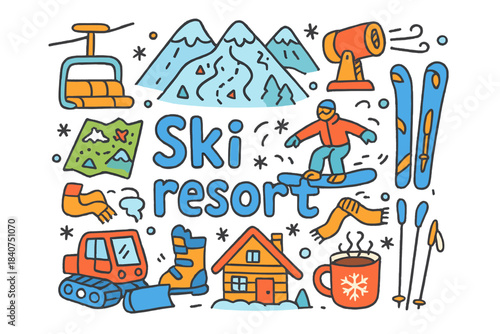 Colorful Ski Resort Doodle. Ski resort. Hand-drawn doodle illustration of ski resort. Chair lift, ski slopes,