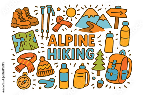 Alpine Hiking Essentials. Alpine hiking. Hand-drawn doodle illustration of alpine hiking. Hiking boots,