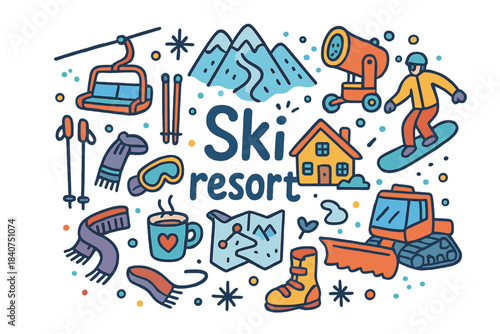 Colorful Ski Resort Doodle. Ski resort. Hand-drawn doodle illustration of ski resort. Chair lift, ski slopes,