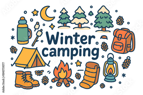 Winter Camping Doodles. Winter camping. Hand-drawn doodle illustration of winter camping. Tent, campfire,