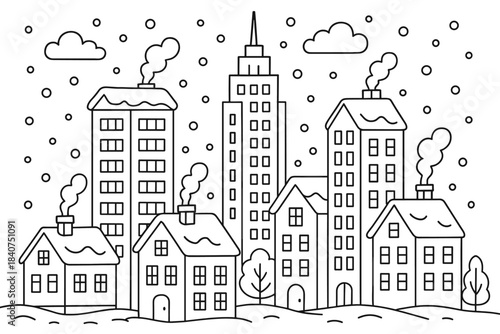 Winter City Coloring. Winter city skyline children?s coloring book illustration, outlined drawing, tall