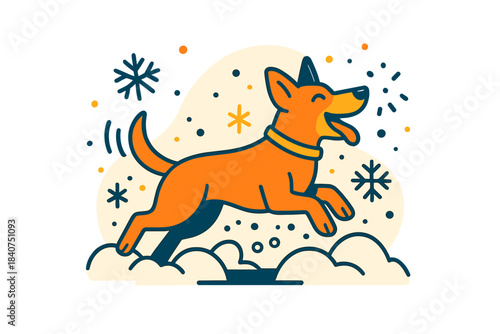 Joyful Snow Dog. Dog Playing in the Snow. A joyful dog jumping through soft snowdrifts, snowflakes flying