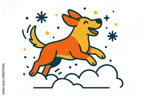 Joyful Snow Dog. Dog Playing in the Snow. A joyful dog jumping through soft snowdrifts, snowflakes flying