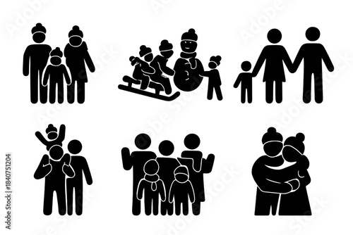 Family Winter Icons. Family winter fun. Filled icon set of family winter fun: parents with kids, family