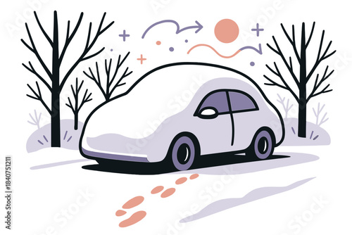 Snowy Driveway Scene. Quiet driveway. Parked car under a soft mound of snow, surrounded by bare trees and