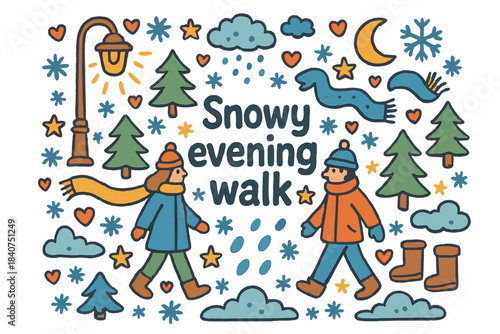 Snowy Evening Stroll. Snowy evening walk. Hand-drawn doodle illustration of snowy evening walk. Streetlight,