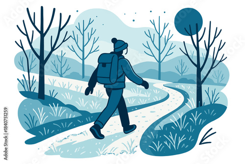 Frosty Morning Hike. Hiking Trail Covered in Frost. A lone figure walking along a frosted path, each step