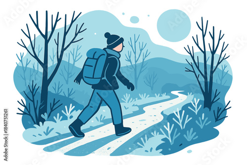 Frosty Morning Hike. Hiking Trail Covered in Frost. A lone figure walking along a frosted path, each step