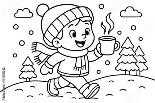 Winter Walk Coloring. Winter stroll with coffee children?s coloring book illustration, outlined drawing,