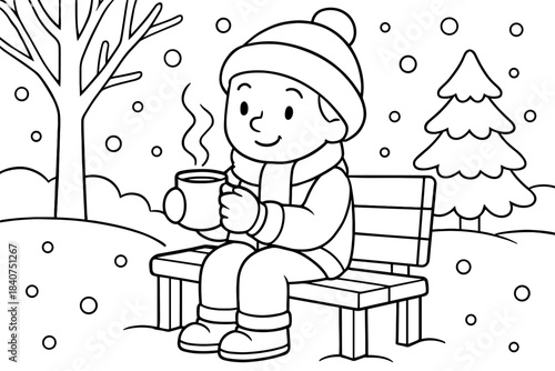 Winter Coffee Break. Coffee break in winter children?s coloring book illustration, outlined drawing, person