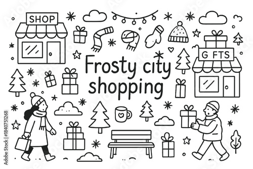 Frosty City Doodles. Frosty city shopping. Hand-drawn doodle illustration of Frosty city shopping. storefronts