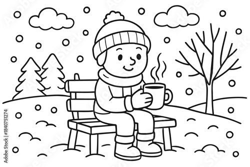Winter Coffee Break. Coffee break in winter children?s coloring book illustration, outlined drawing, person