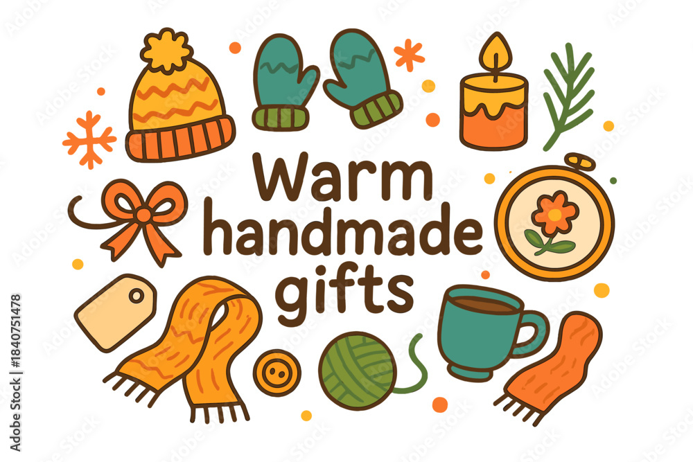 Fototapeta premium Warm Handmade Gifts. Warm handmade gifts. Hand-drawn doodle illustration of warm handmade gifts. Knitted hat,