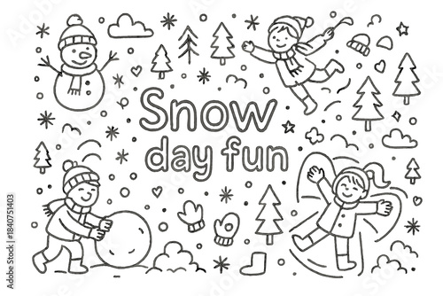 Snow Day Doodle. Snow day fun. Hand-drawn doodle illustration of Snow day fun. kids, snowflakes, hats, scarves