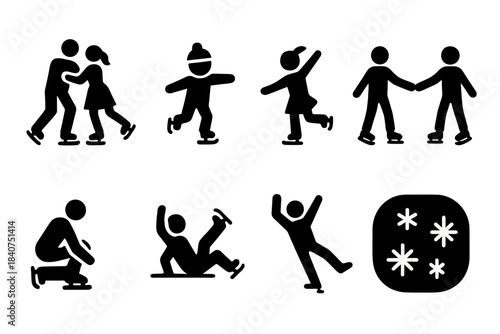 Skating Icon Set. Frozen lake with skaters. Filled icon set of frozen lake with skaters: couple ice skating,