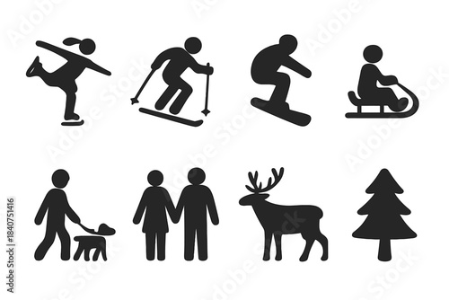 Winter Activity Icons. Winter silhouettes. Filled icon set of winter silhouettes: ice skater, skier,