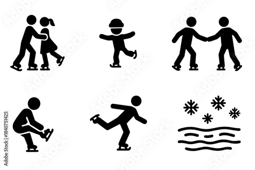 Skating Icon Set. Frozen lake with skaters. Filled icon set of frozen lake with skaters: couple ice skating,