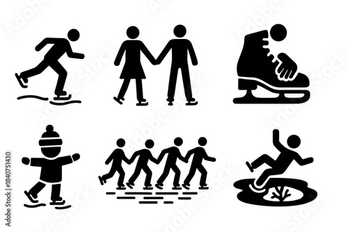 Skating Icon Set. Skating scene. Filled icon set of skating scene: skater gliding, couple holding hands, child