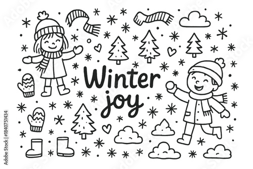 Winter Joy Doodle. Winter joy. Hand-drawn doodle illustration of Winter joy. kids, snowflakes, hats, scarves,