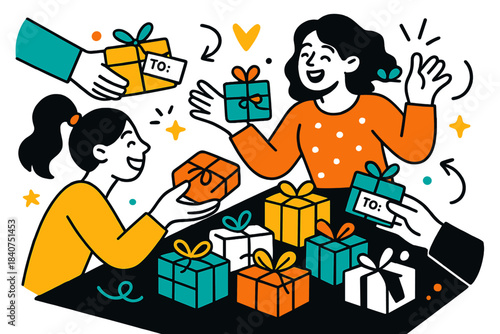 Festive Gift Exchange. Secret Santa gifts. A table full of small wrapped presents with name tags and ribbons,