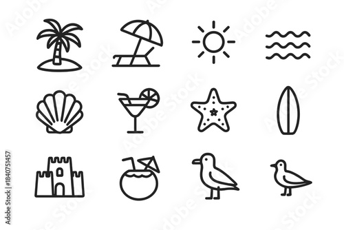 Tropical Holiday Icons. Holiday Paradise. Line outline icon set of Holiday Paradise: palm tree, island, beach