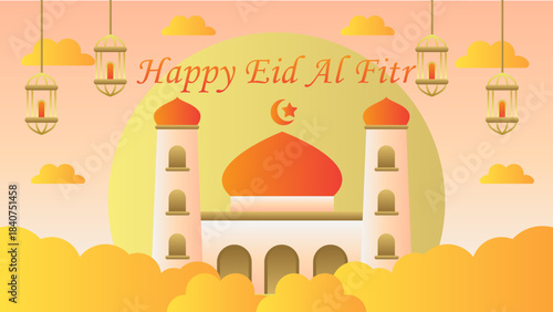 Eid Mubarak greeting template with Mosque, cloud and lantern. Happy Eid Mubarak editable greetings template for Eid al-Fitr and Eid al-Adha banners, advertisements and more.