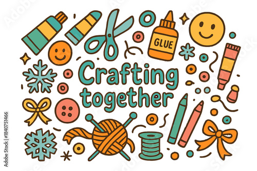 Crafty Workshop Vibes. Crafting together. Hand-drawn doodle illustration of crafting together. Paint tubes,