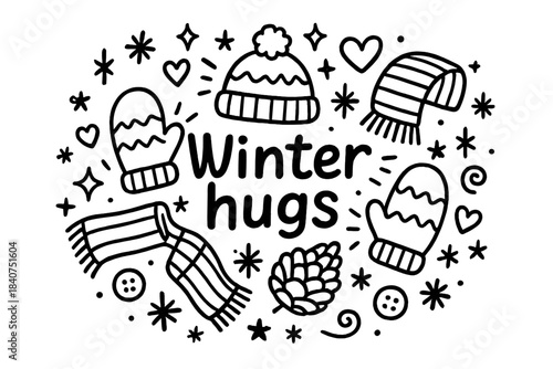 Winter Hugs Doodle. Winter hugs. Hand-drawn doodle illustration of winter hugs. Mittens, hearts, scarf, hat,