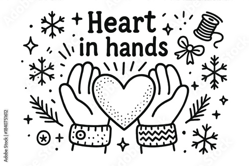 Heartwarming Doodle Art. Heart in hands. Hand-drawn doodle illustration of heart in hands. Gloves, heart,
